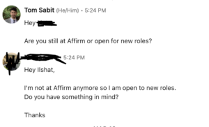 Personalized outreach message to former Affirm Engineer